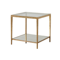 Gold square end table with glass top perspective.