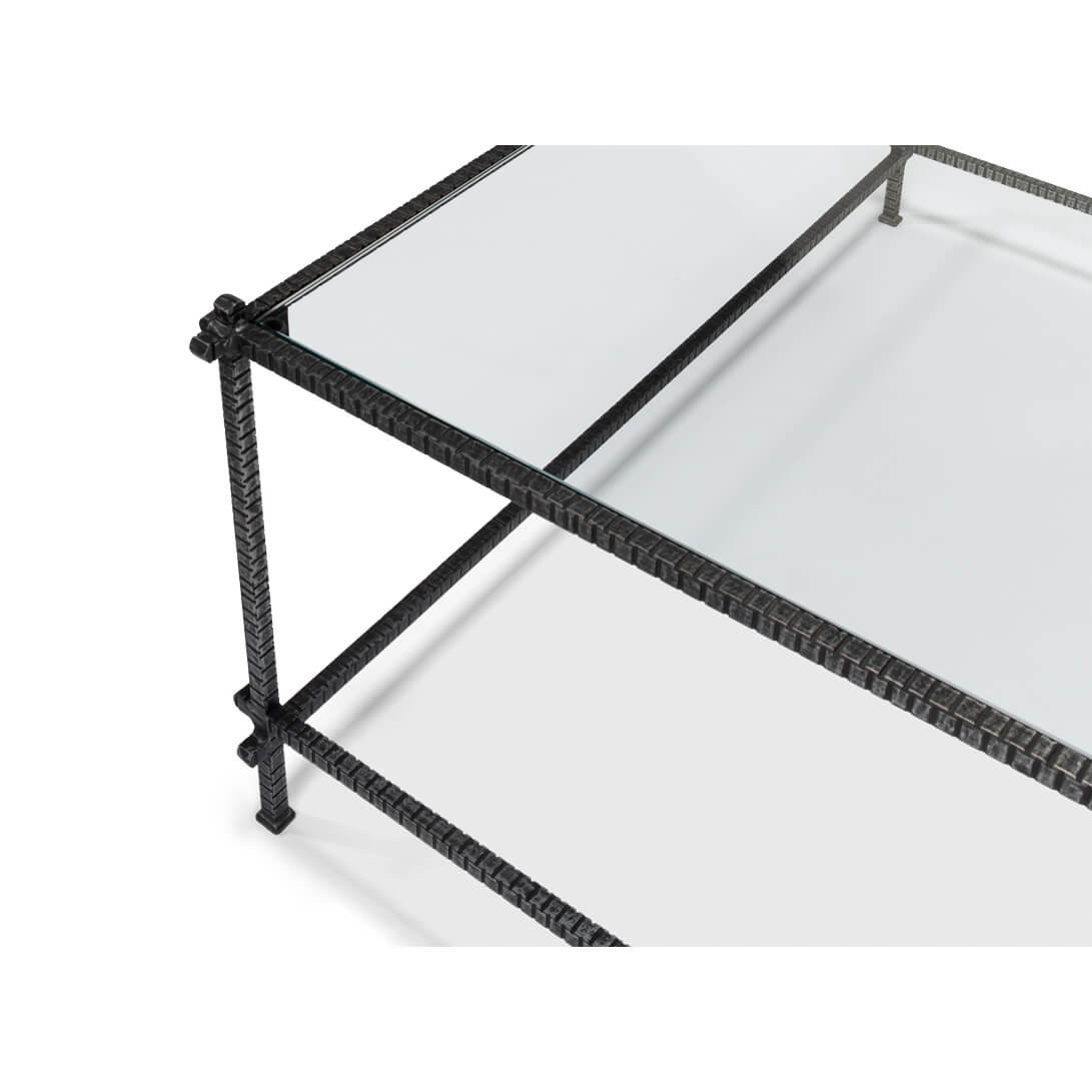 Close-up, metal frame corner, glass top detail.