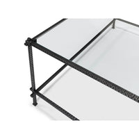 Close-up, metal frame corner, glass top detail.
