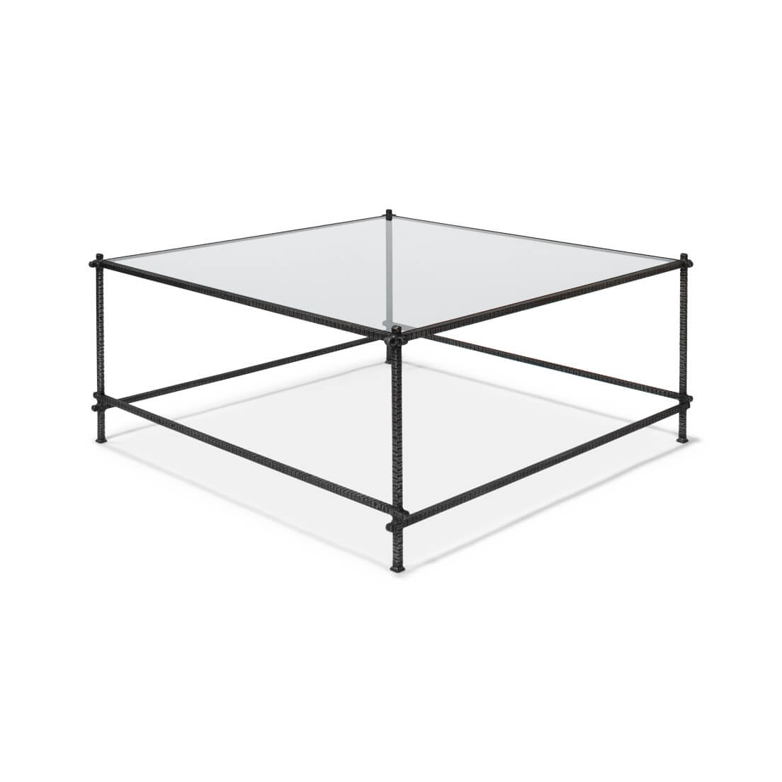 Square coffee table, angled overhead view, glass and metal.