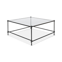 Square coffee table, angled overhead view, glass and metal.