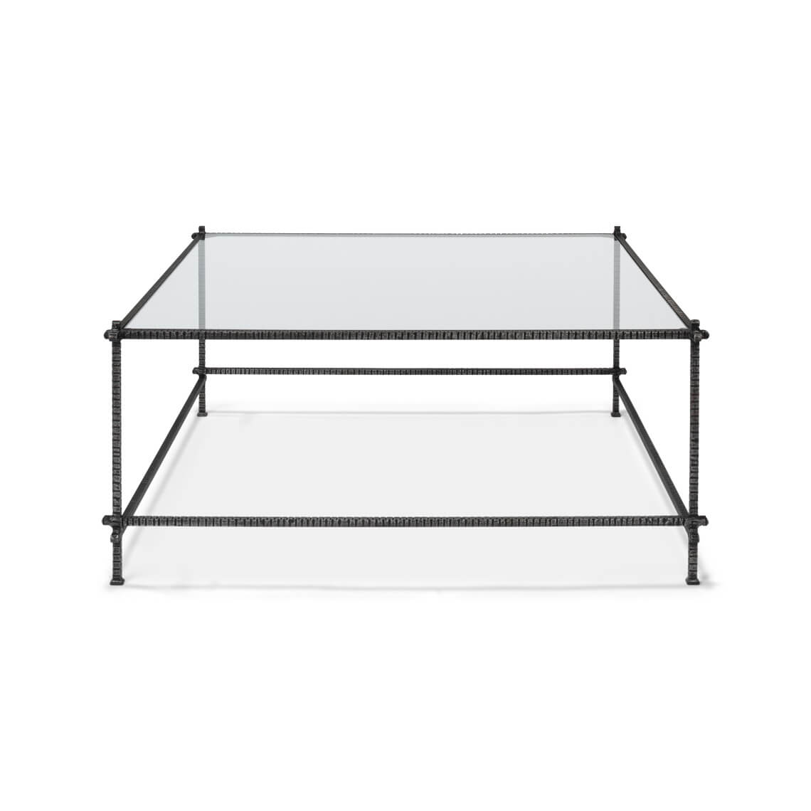Square table, front view, glass and metal design.