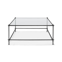 Square table, front view, glass and metal design.