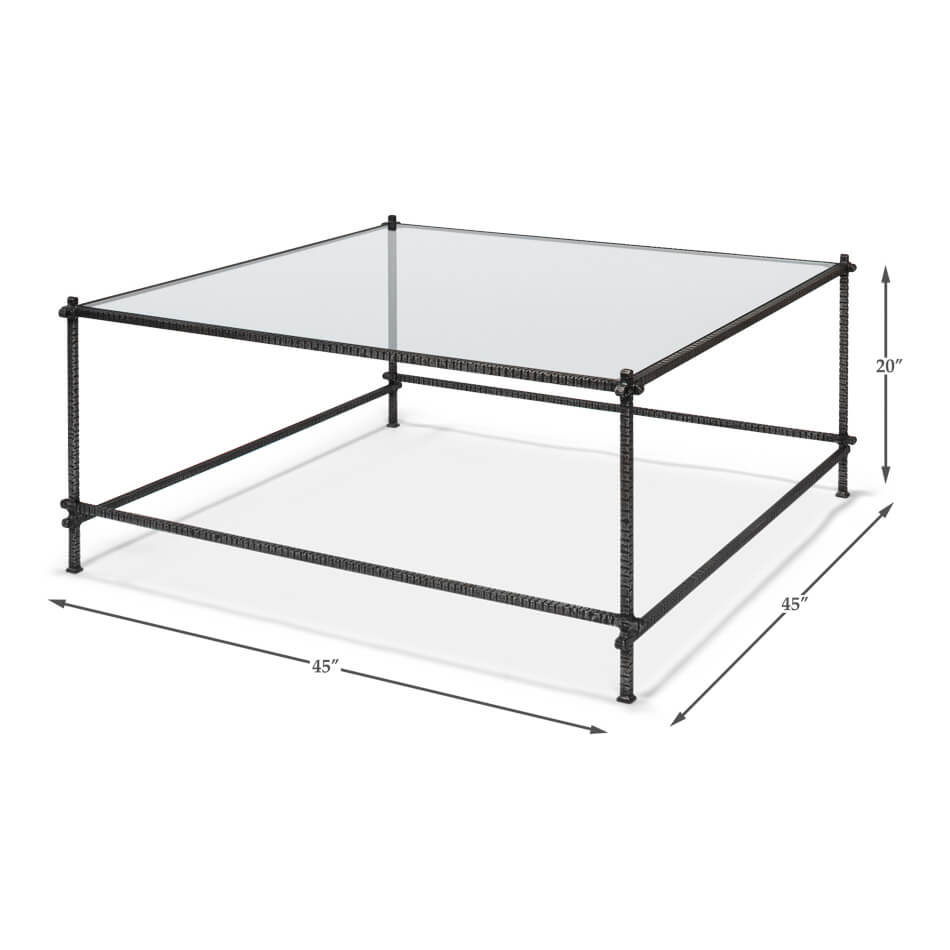 Square table with dimensions, 45"x45"x20", glass and metal.