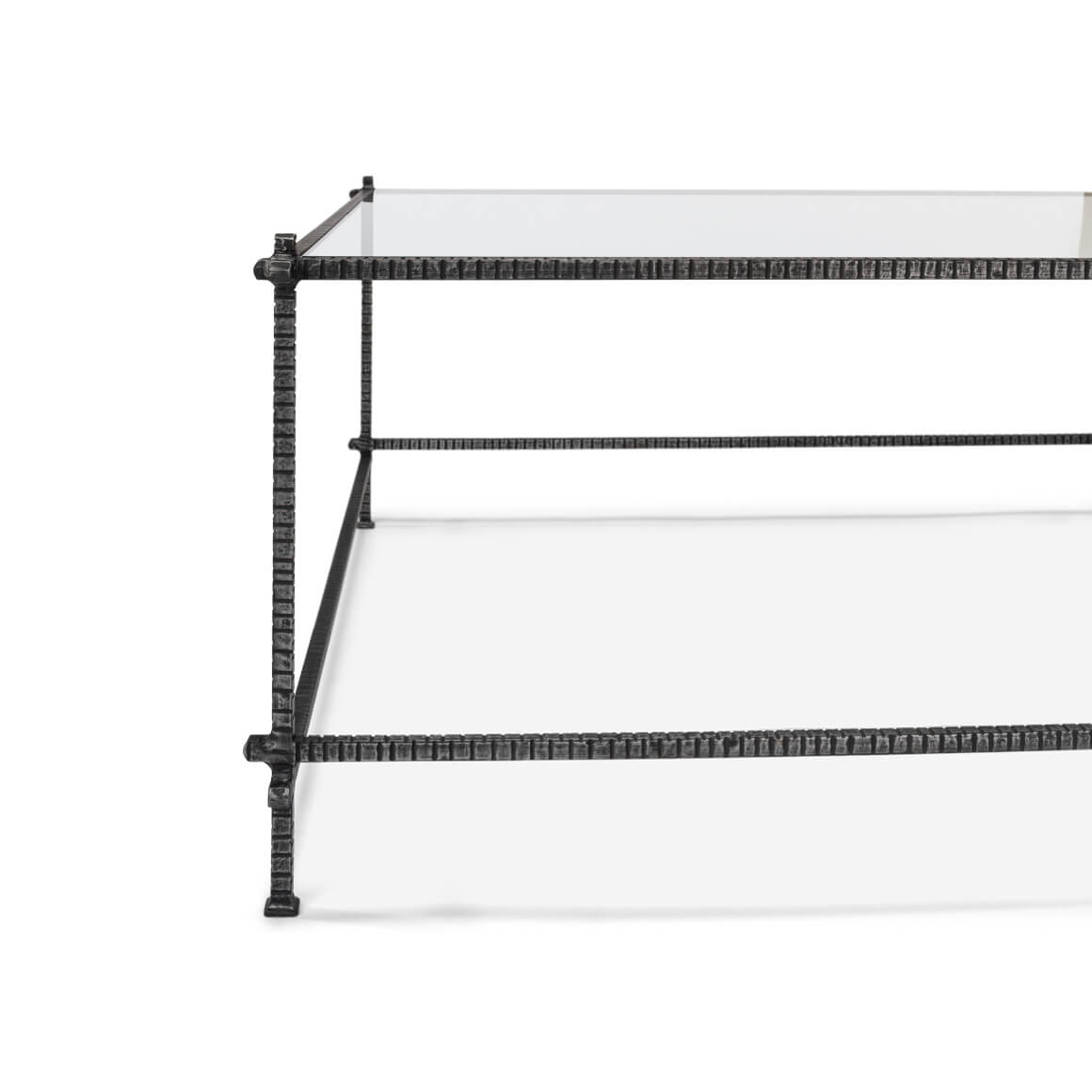 Side view, metal leg, glass surface, modern design.