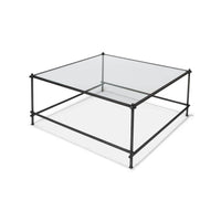 Square table, back angle, industrial metal frame with glass.