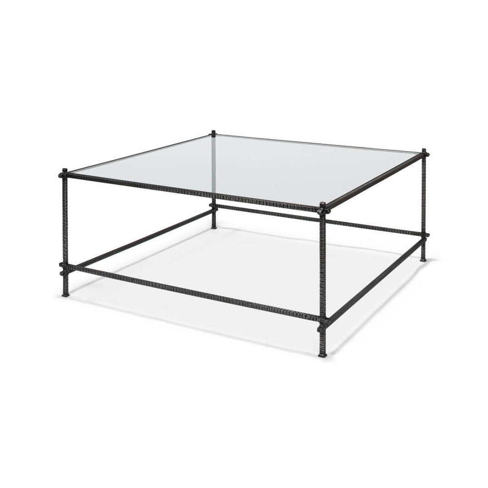 Square table, glass top, black metal frame, angle view.