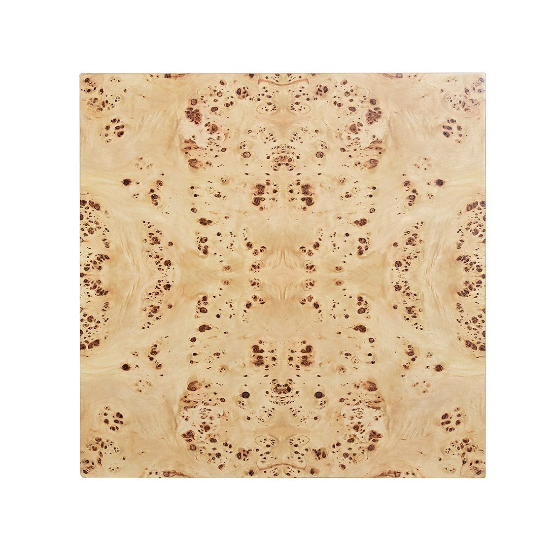 Top view of square light burl wood side table.