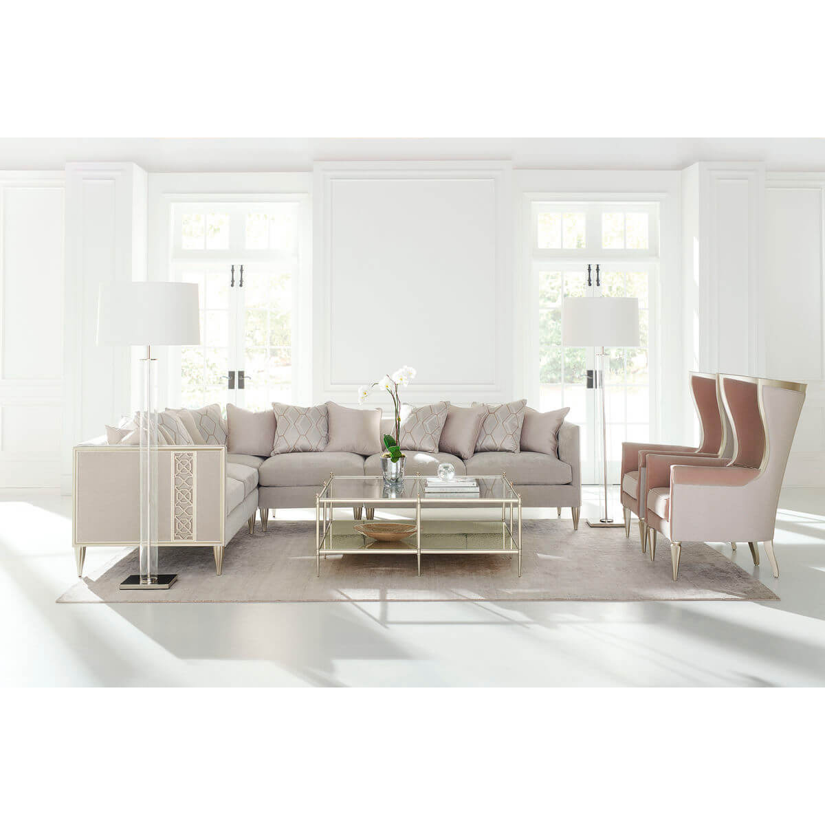Square luxury modern coffee table in bright living room.