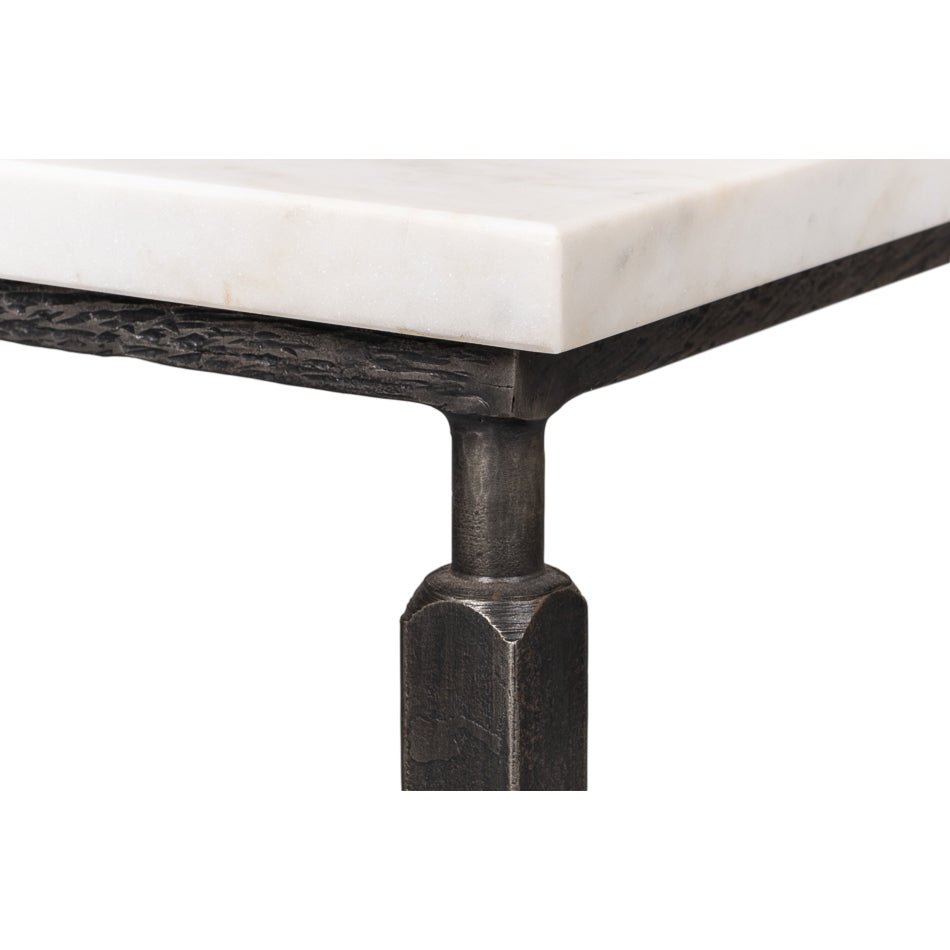 Detailed shot of marble coffee table corner construction.