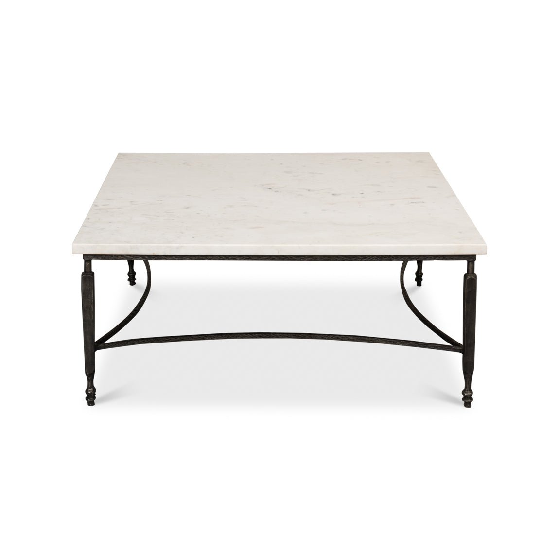 Front view of square marble top coffee table.