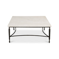 Front view of square marble top coffee table.