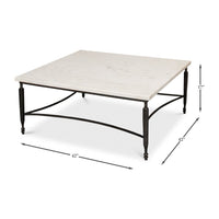 Dimensional measurements of square marble coffee table shown.