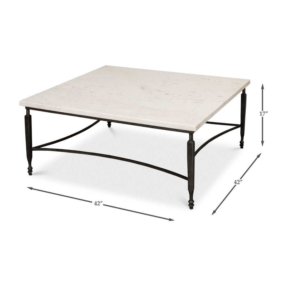 Dimensional measurements of square marble coffee table shown.