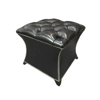 Black square tufted stool with elegant nailhead accent.