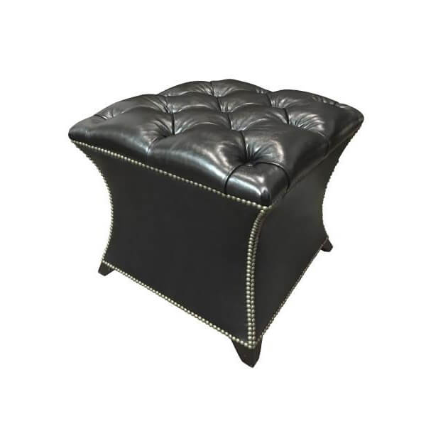 Black square tufted stool with elegant nailhead accent.