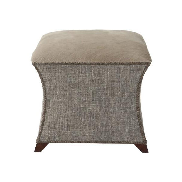 Gray square upholstered stool with decorative trim, front view.