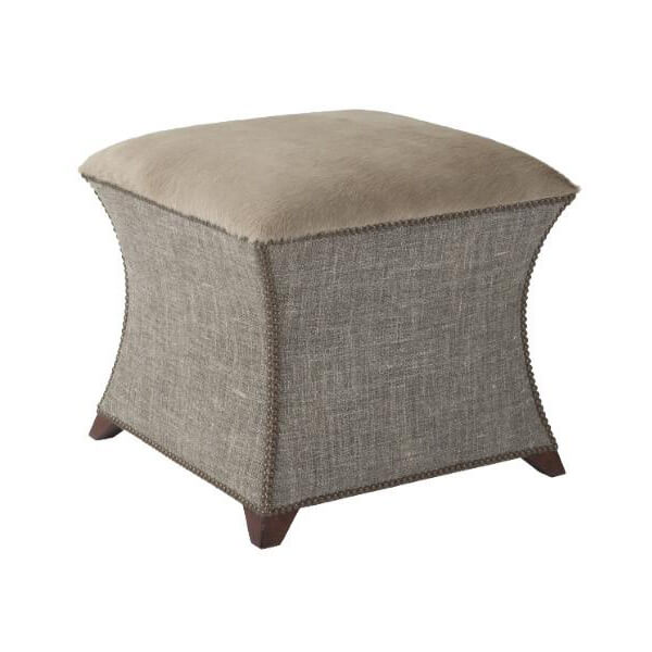 Gray square upholstered stool with decorative trim, angled view.