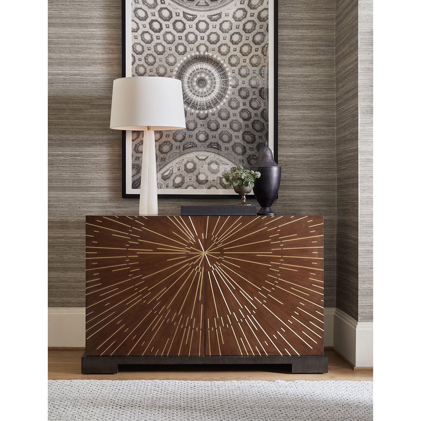 Starburst art deco cabinet styled in living room.