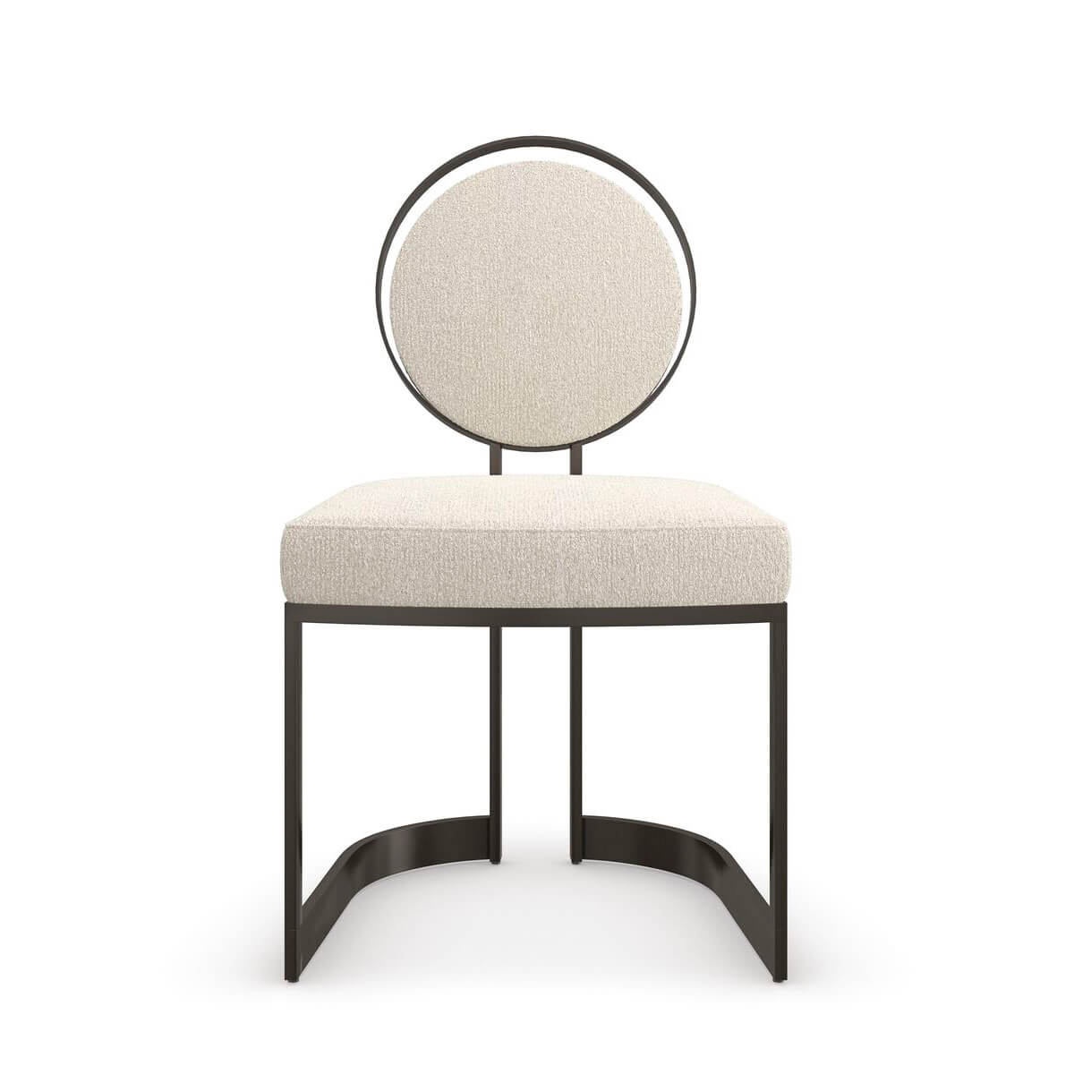Modern dining chair with rounded back, front view.