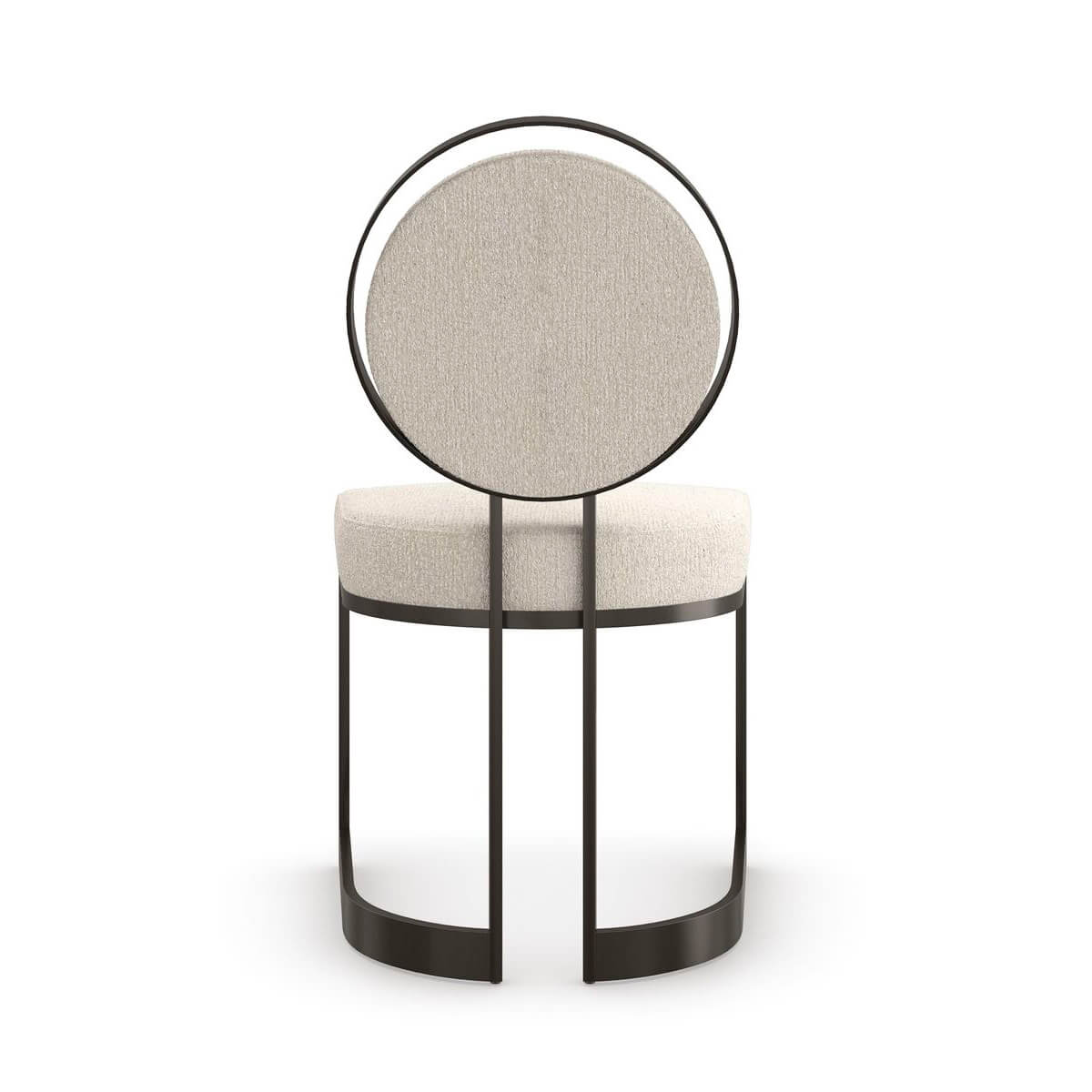 Rear view of modern dining chair with rounded back.