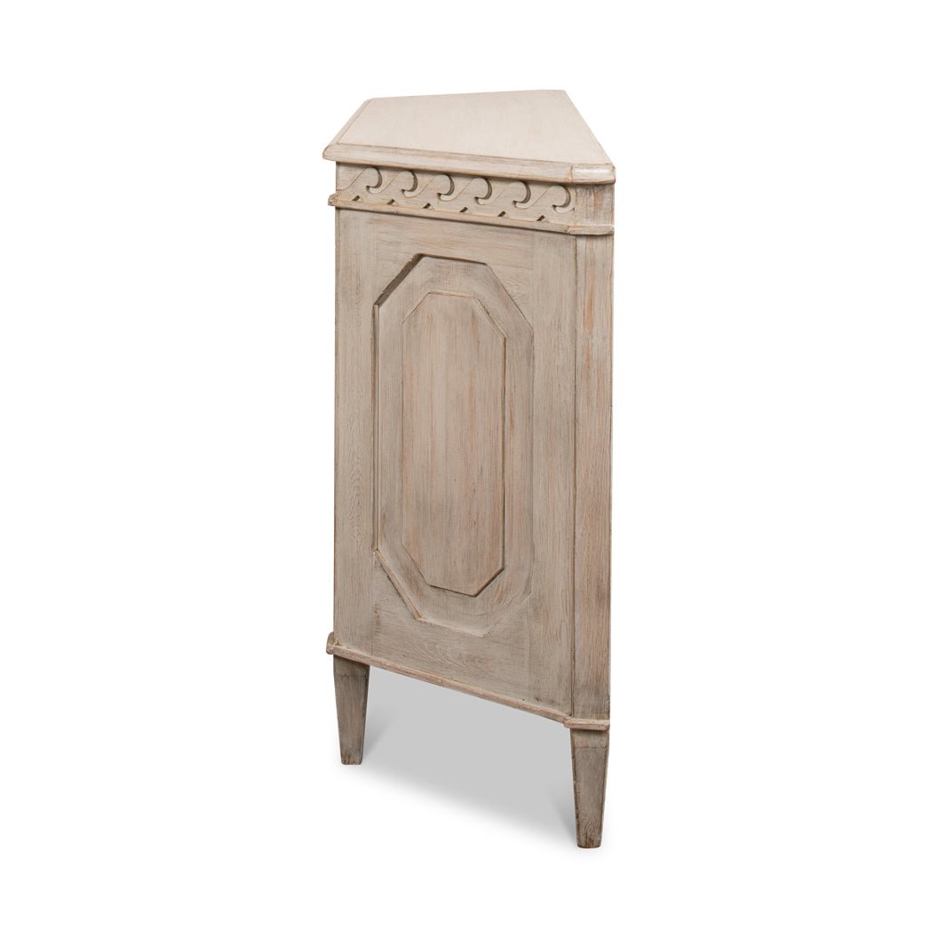 Side profile of credenza showcasing panel design.