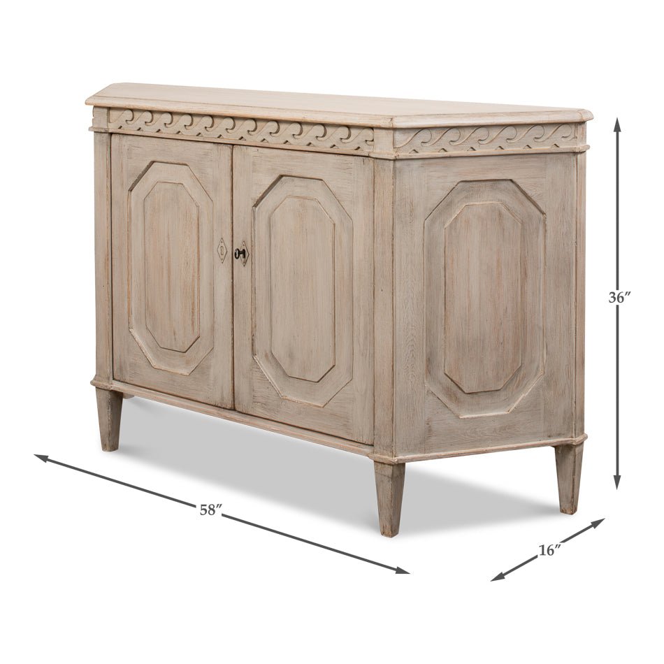 Dimensions and side view of stone painted credenza.