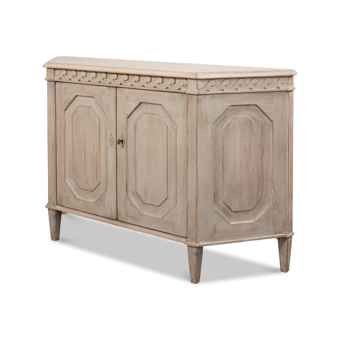 Angled view showing credenza side and decorative detailing.