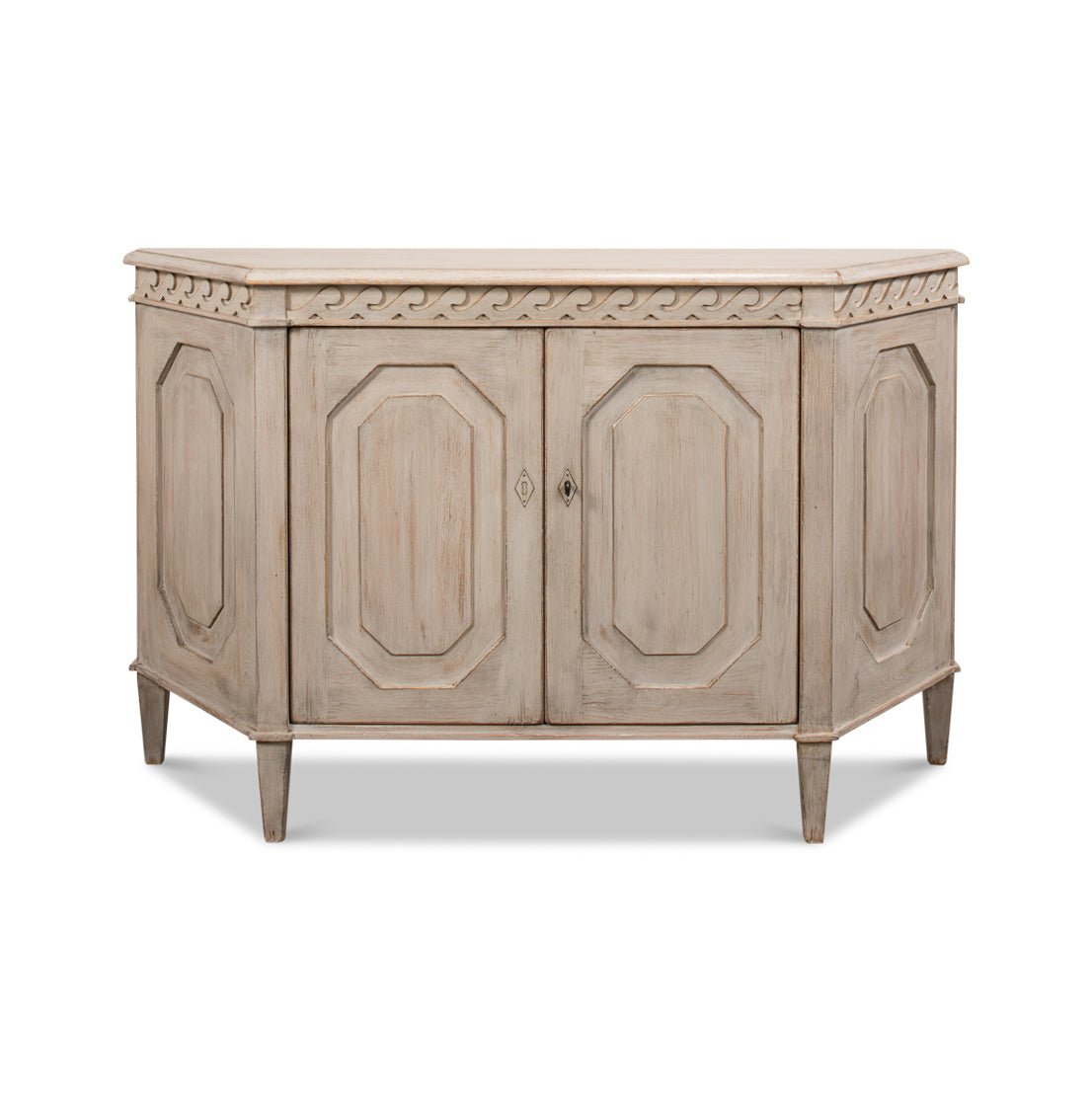 Front view of stone painted credenza with closed doors.