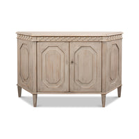 Front view of stone painted credenza with closed doors.