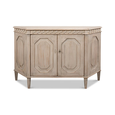 Front view of stone painted credenza with closed doors.
