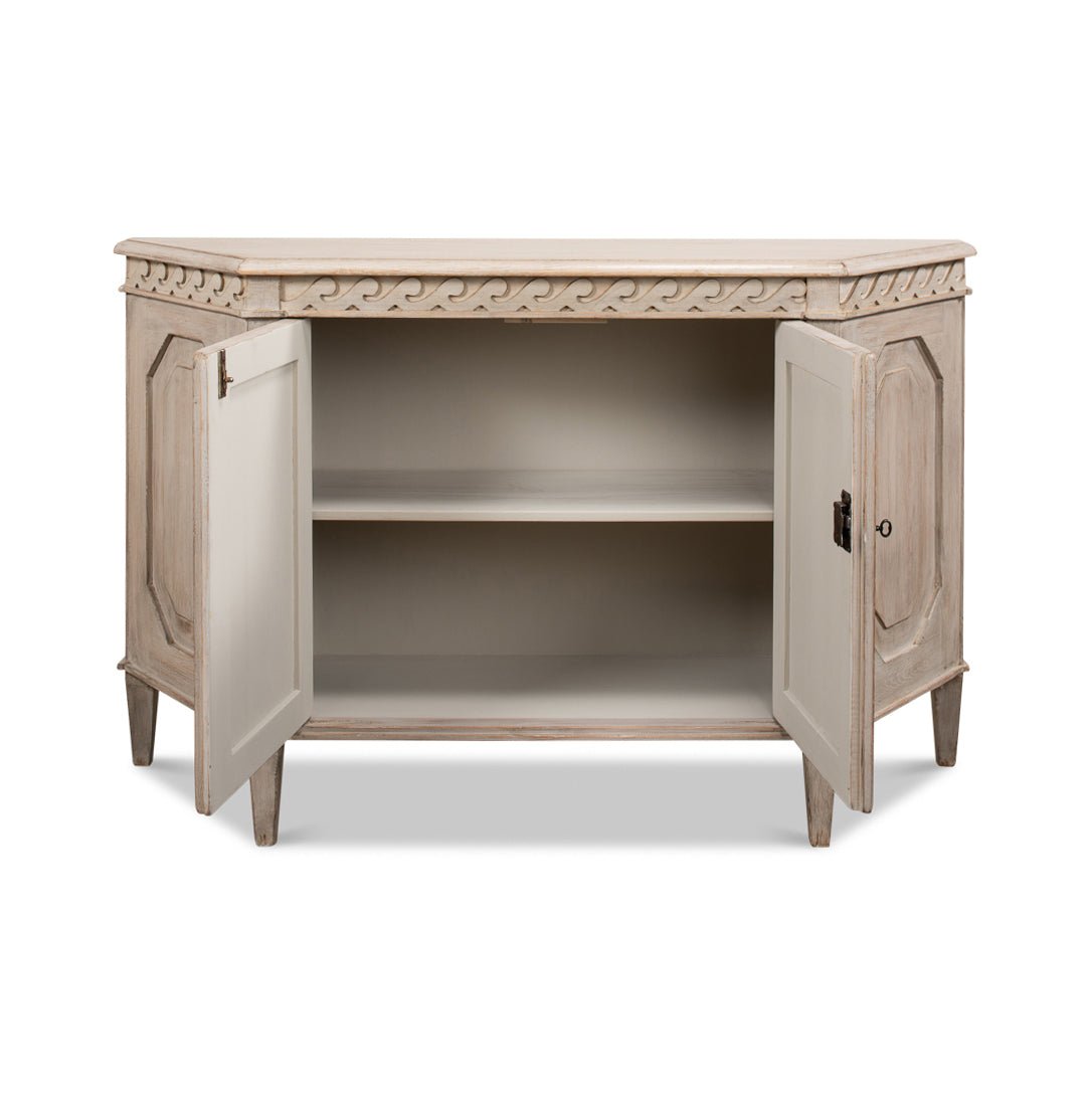 Stone painted credenza with open doors and inner shelves.