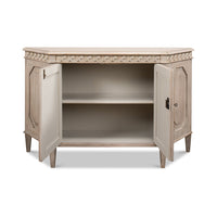 Stone painted credenza with open doors and inner shelves.