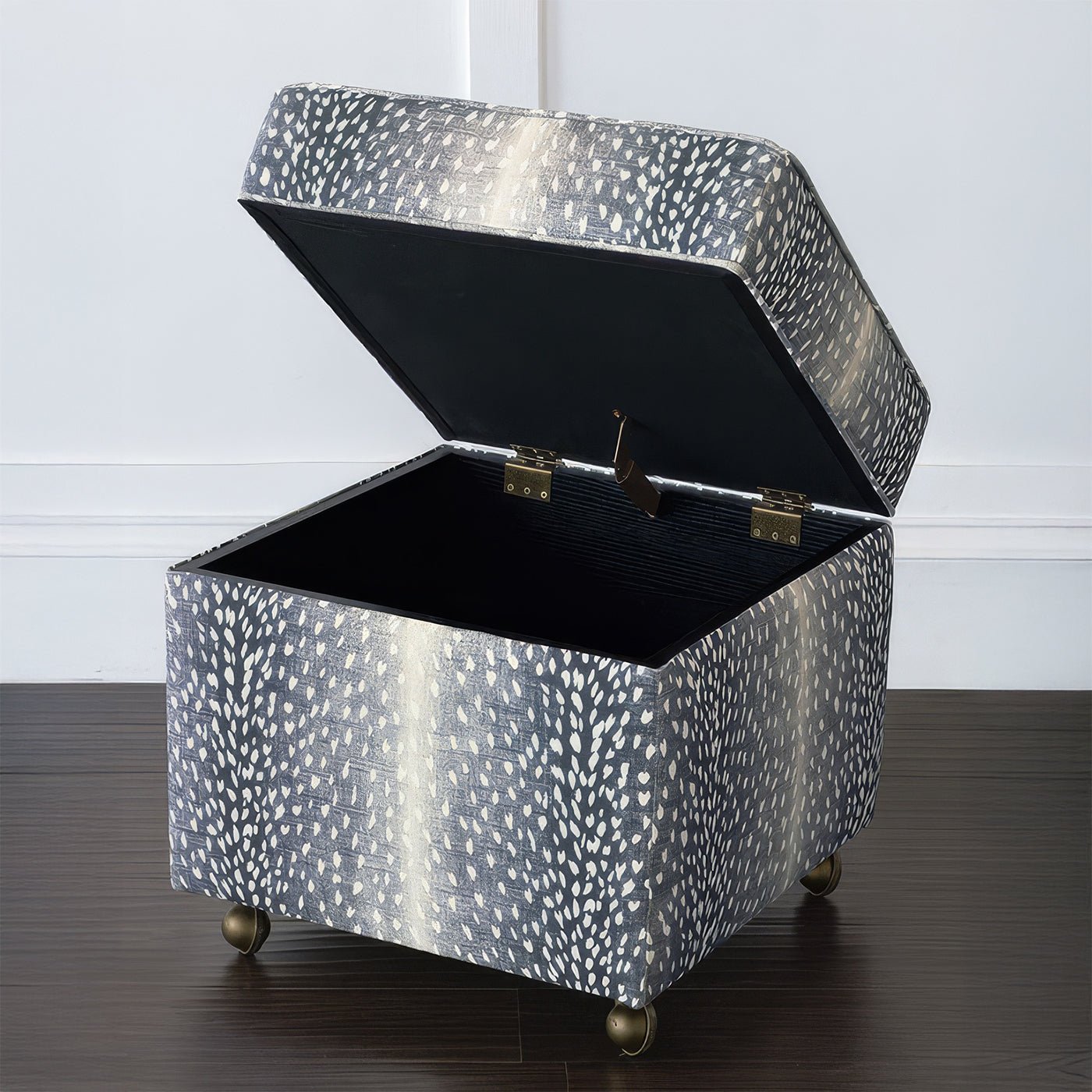 Open storage ottoman cube revealing spacious interior.