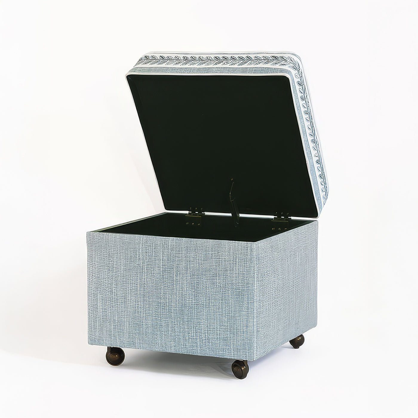 Open storage ottoman cube reveals spacious interior compartment.