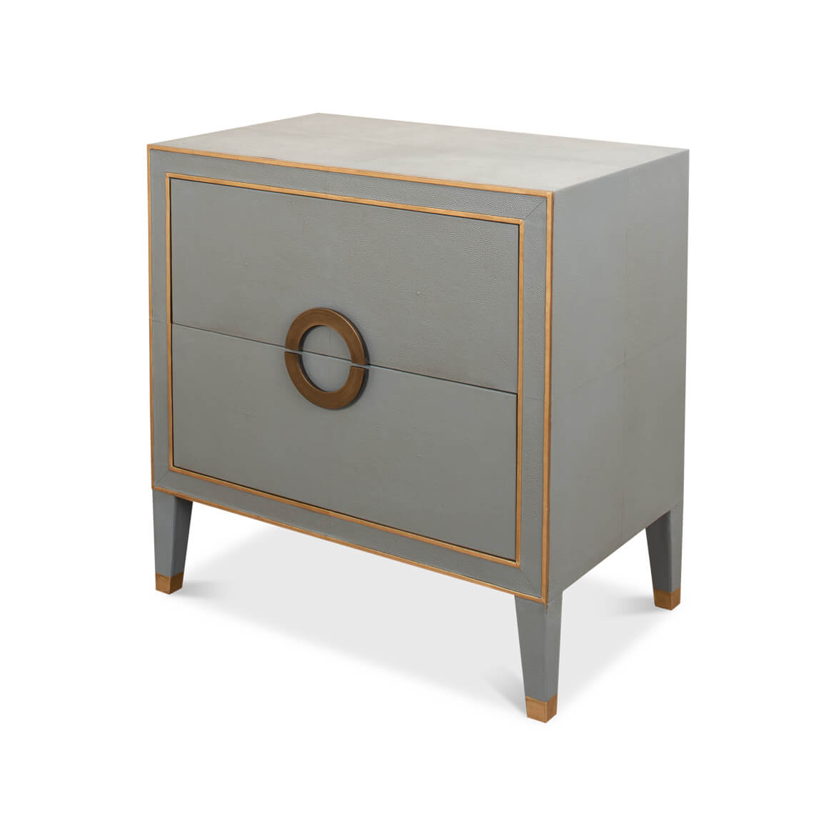 Gray nightstand with gold trim and circular handle.