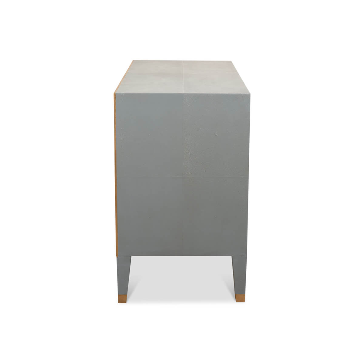 Side view of gray modern nightstand with gold trim.