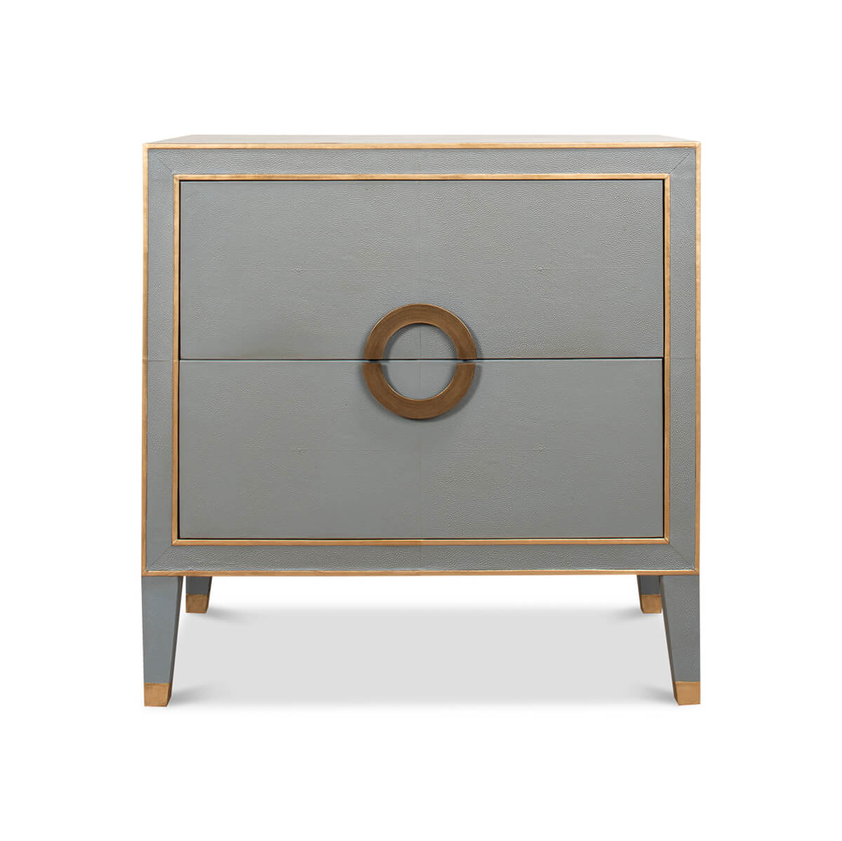 Front view of closed gray nightstand with gold accents.