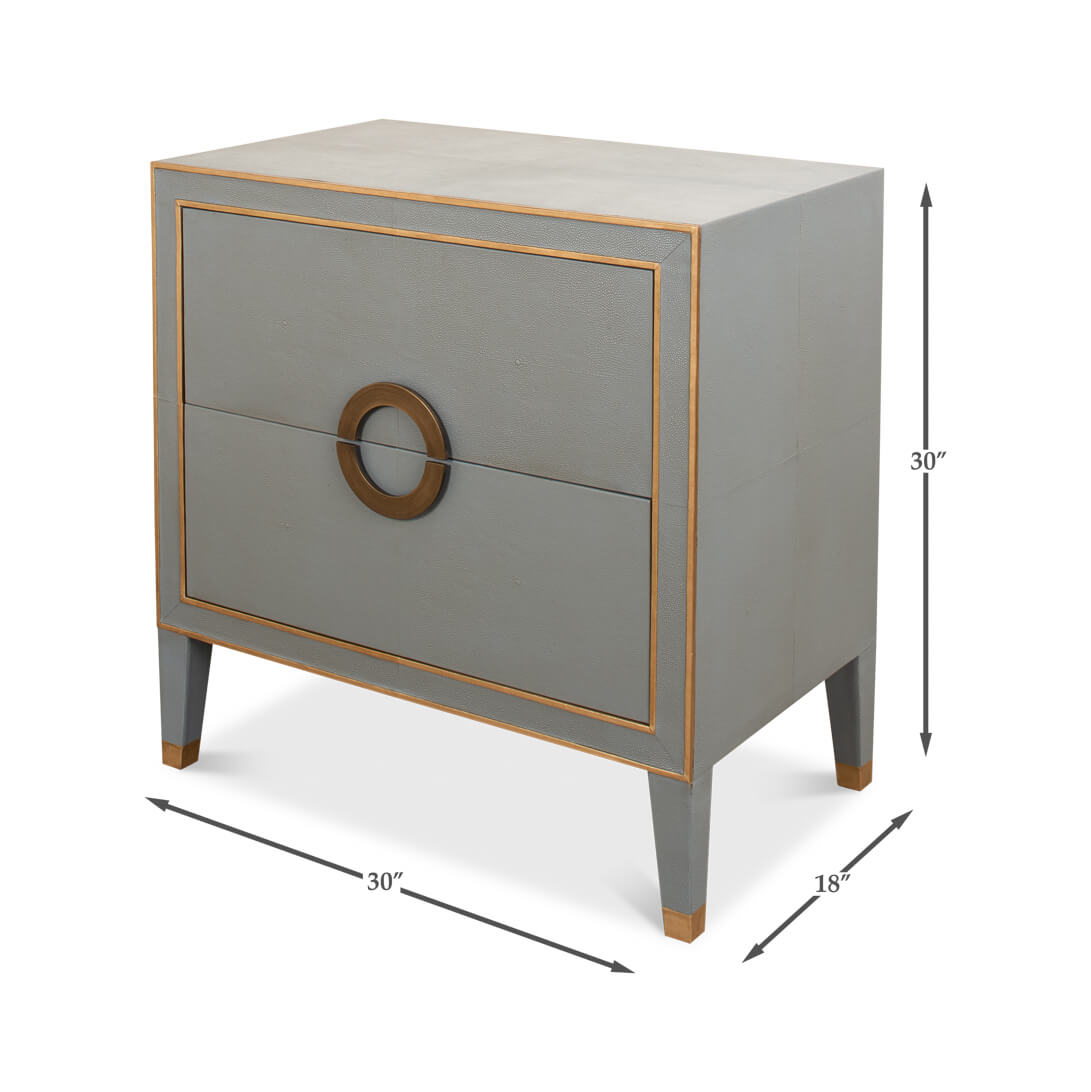 Dimensions of gray modern nightstand with gold accents.