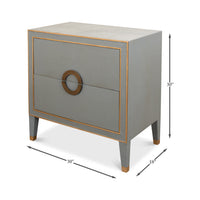 Dimensions of gray modern nightstand with gold accents.