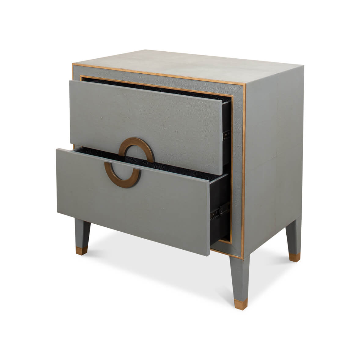 Open drawers of gray nightstand with unique handle.