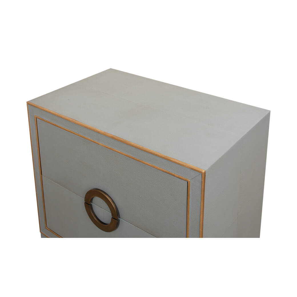 Angled view of gray nightstand highlighting design details.