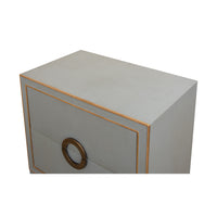 Angled view of gray nightstand highlighting design details.