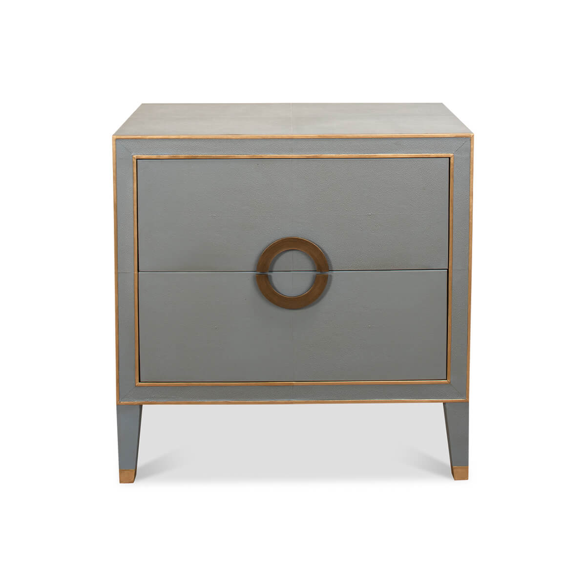 Front view of gray modern nightstand with handle.