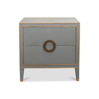 Front view of gray modern nightstand with handle.