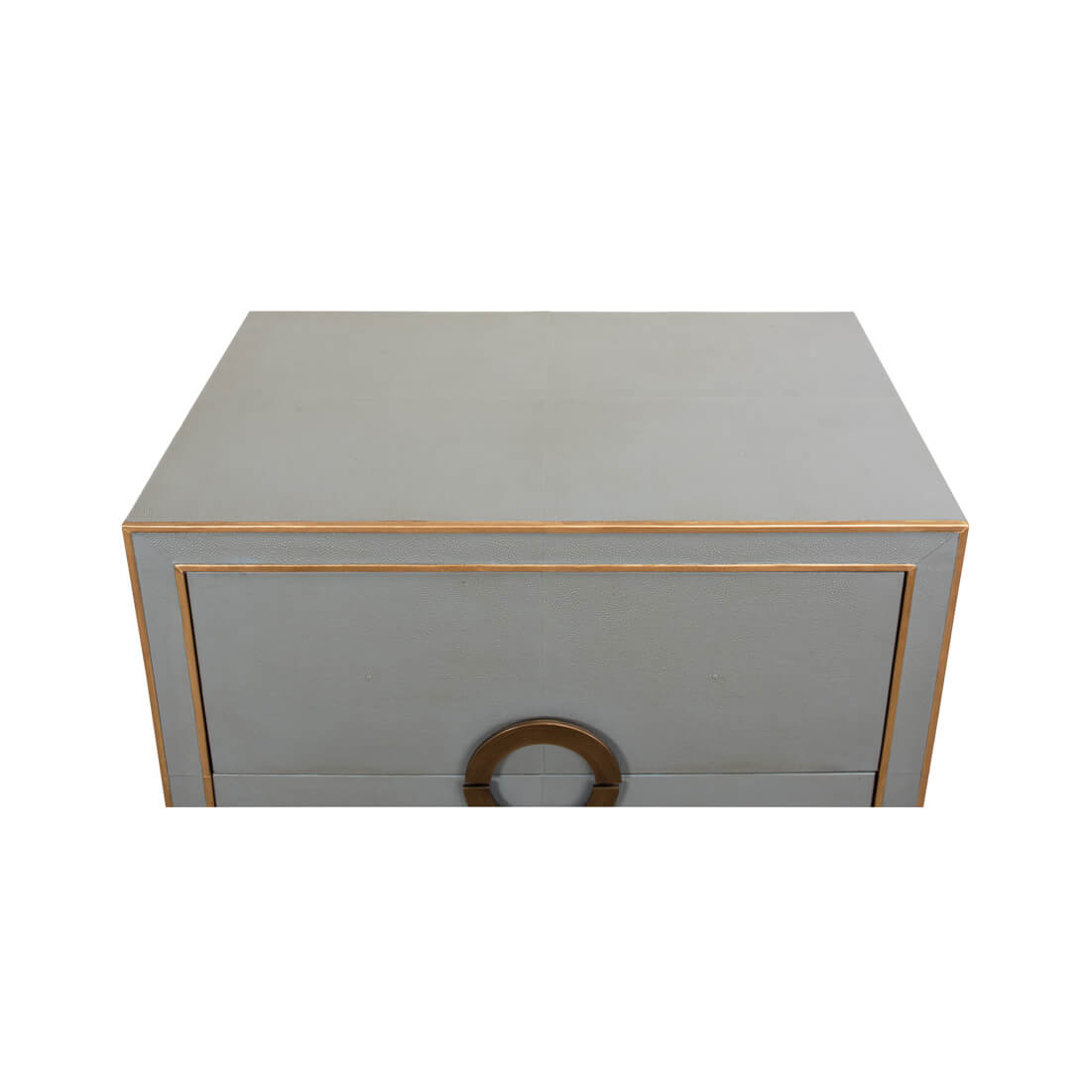 Top view of gray nightstand with gold trim.
