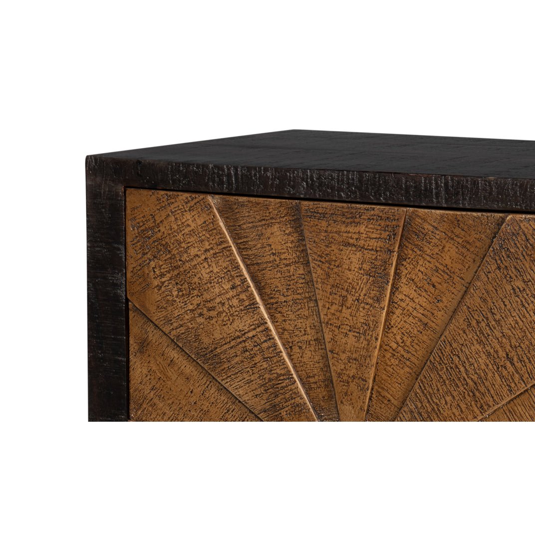 Corner detail of sunburst rustic sideboard door design.