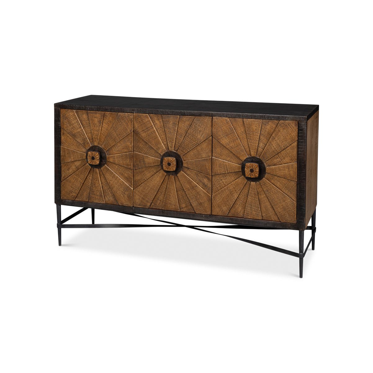 Angled view rustic sideboard with sunburst design.