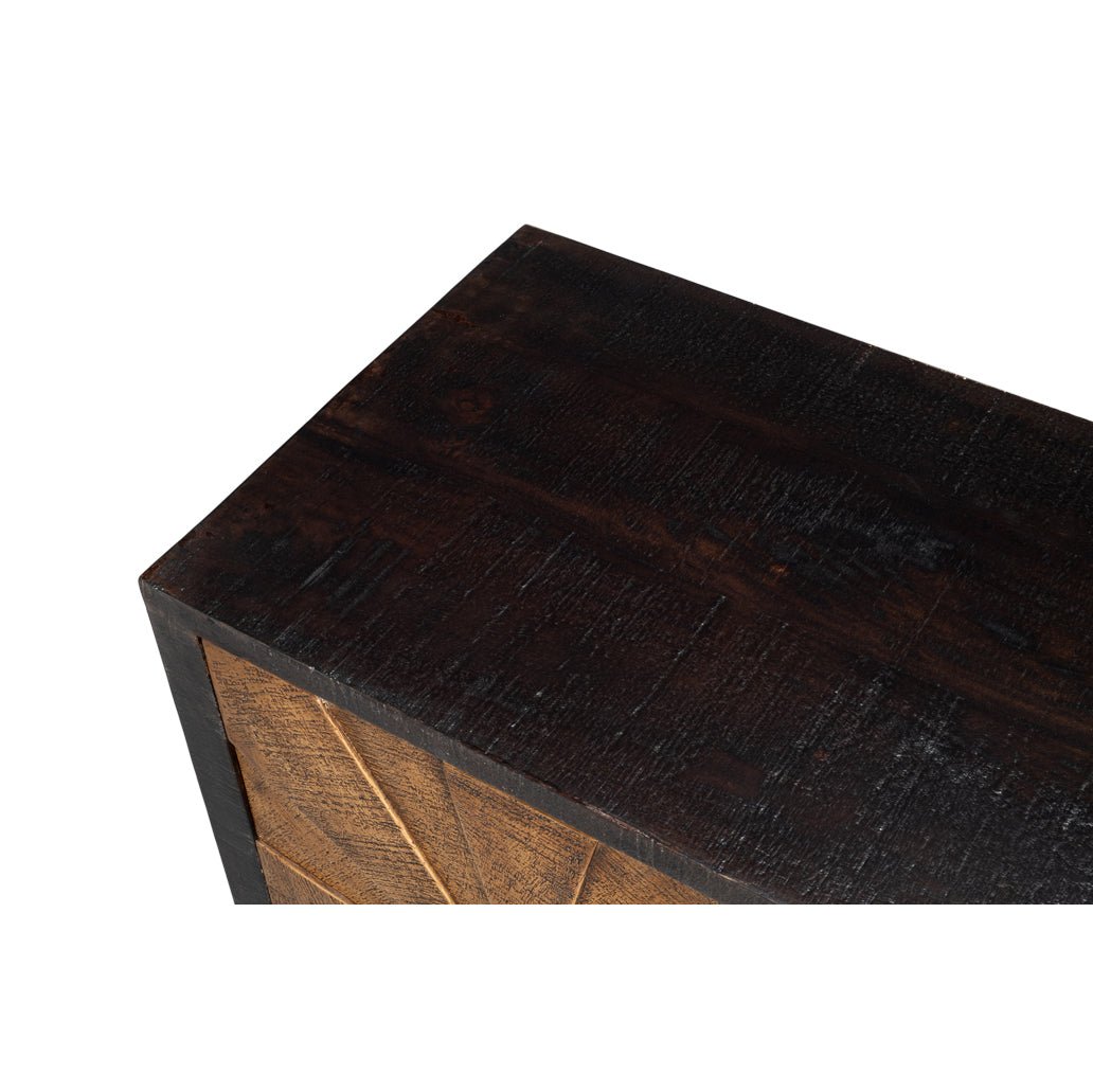Close-up dark top surface of rustic sideboard.