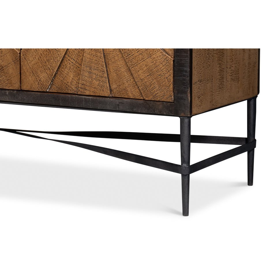 Metal legs and base design of rustic sideboard.